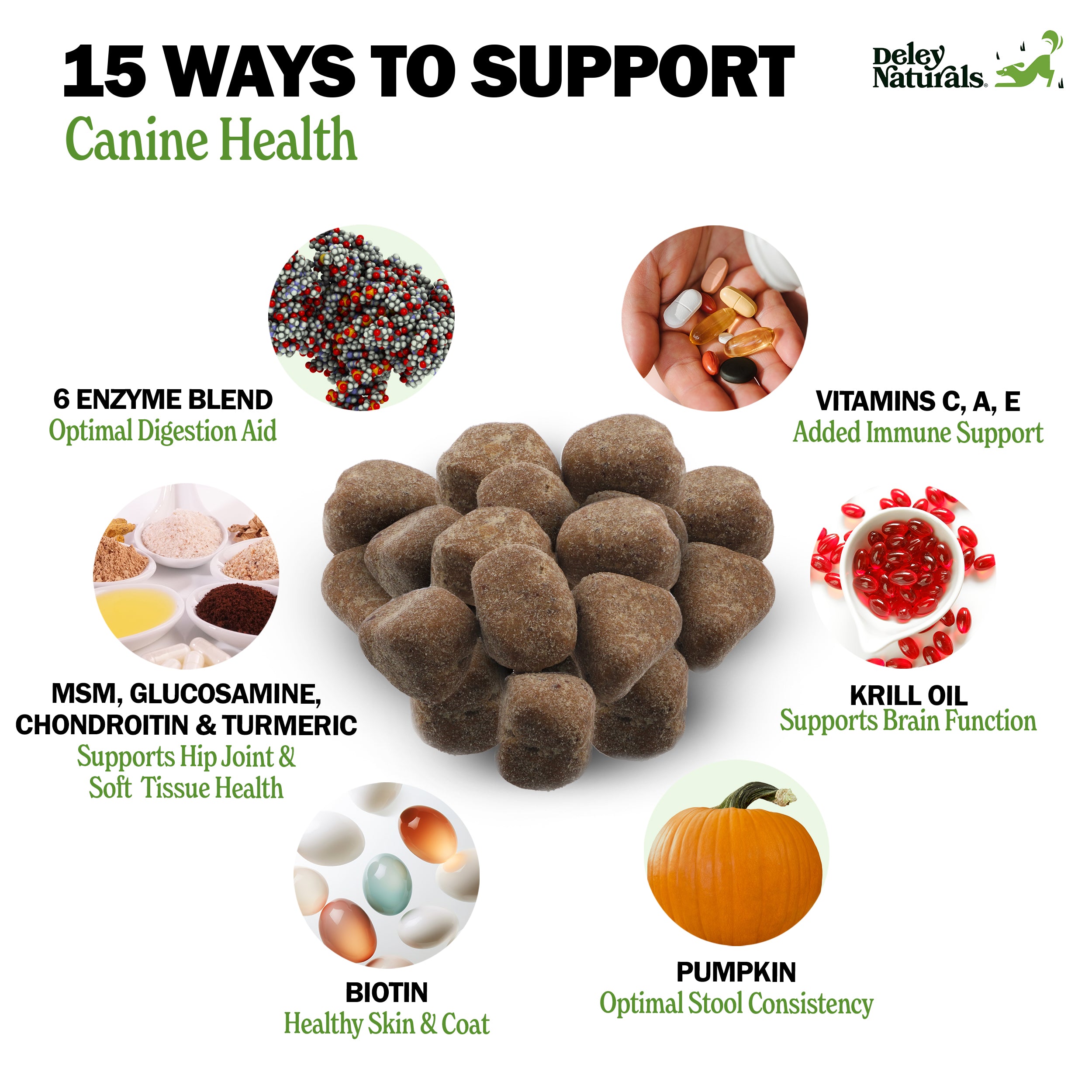 Health supplement products with text on 15 ways to support canine health.
