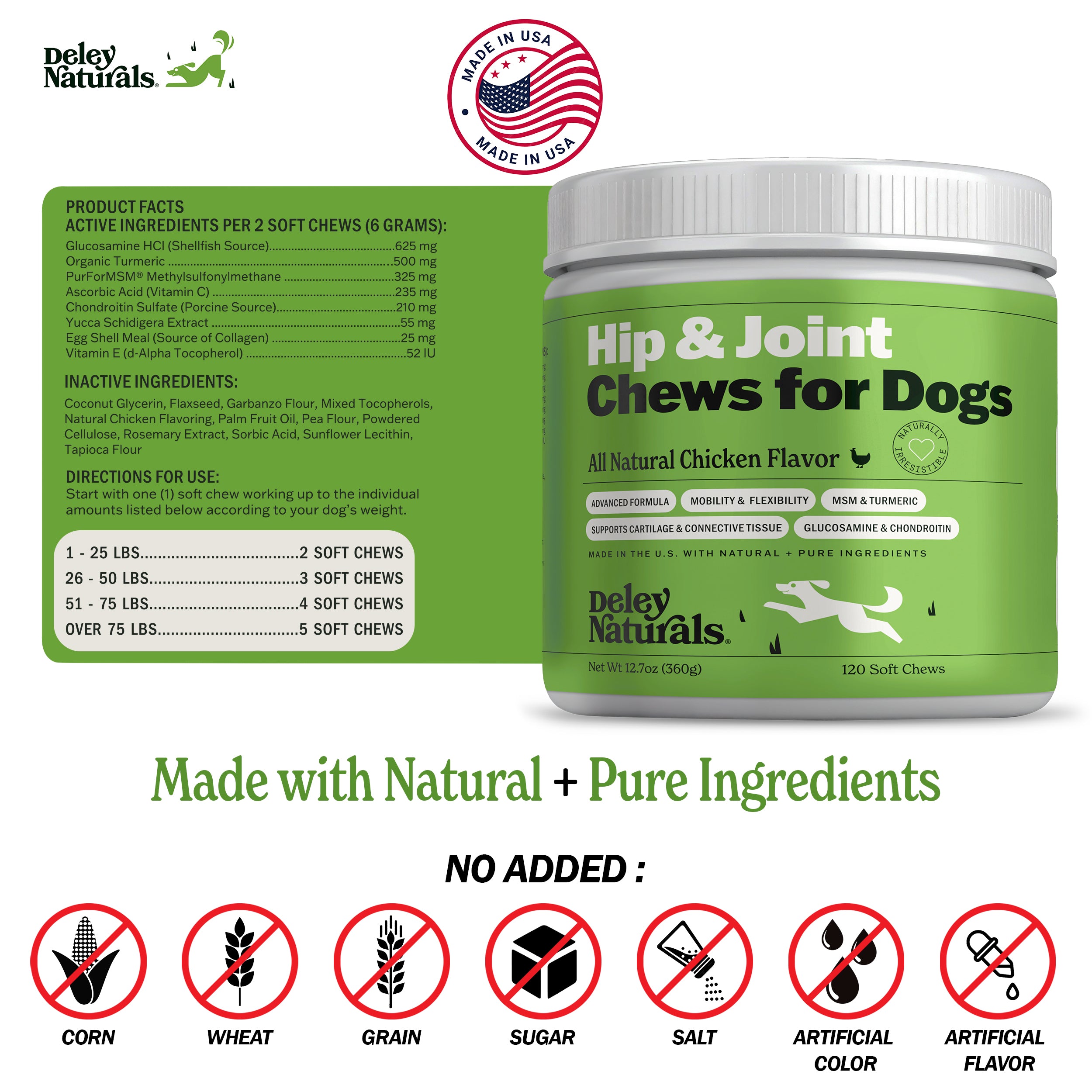 Deley Naturals Hip & Joint Chews for Dogs packaging with ingredients list and branding details.