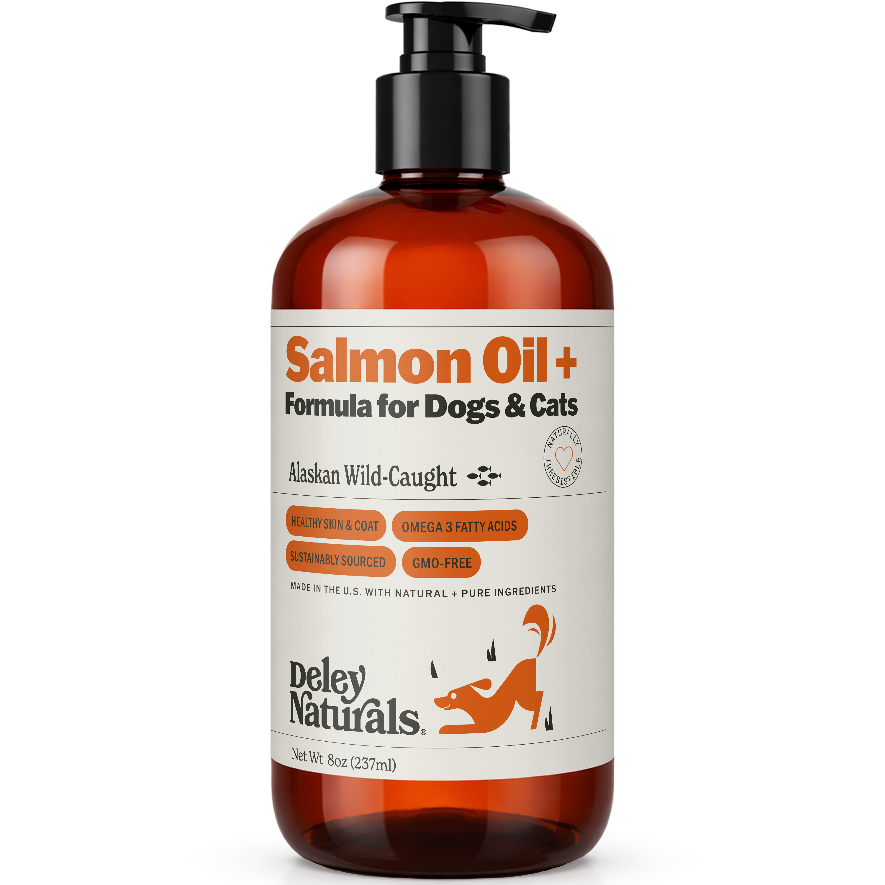 Bottle of Deley Naturals Salmon Oil for dogs and cats on a white background