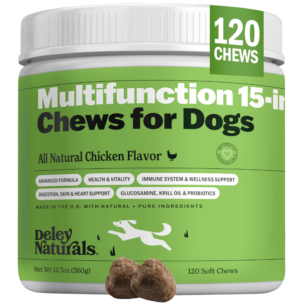 Green container of multifunctional chews for dogs with white lid, featuring Deley Naturals branding.