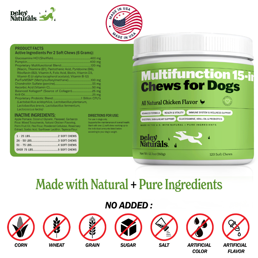 Deley Naturals Multifunction 15-in-1 Chews for Dogs packaging with ingredients list and branding details.
