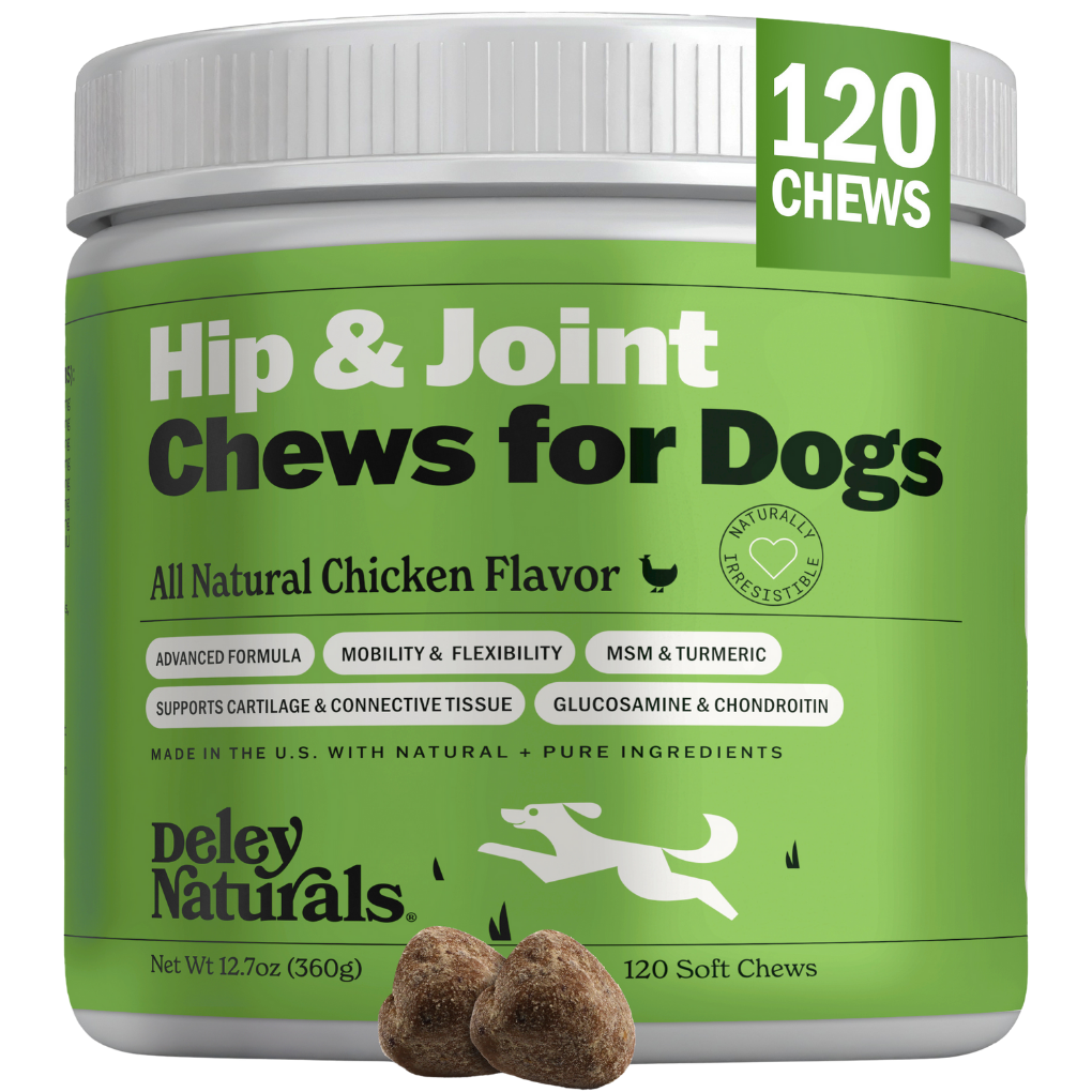 Green container of Hip & Joint Chews for Dogs with white lid, featuring Deley Naturals branding.